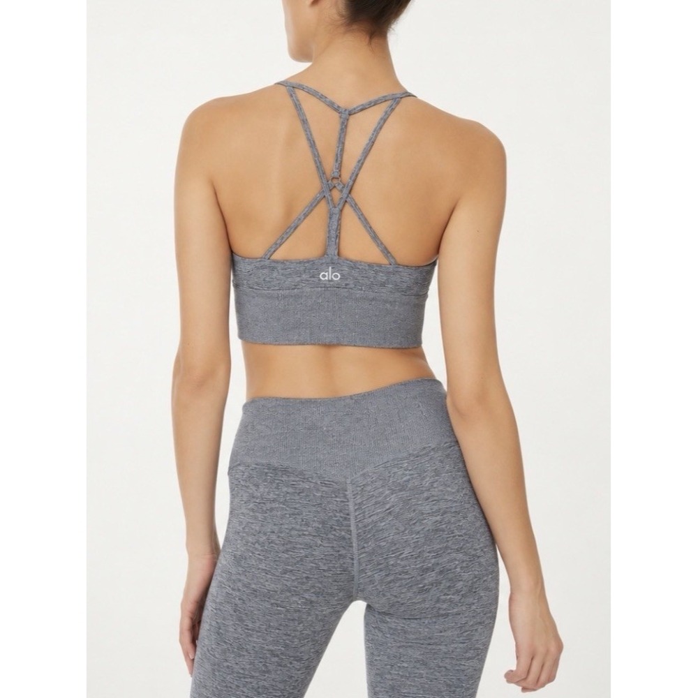 Alo Yoga Alosoft Lavish Sports Bra S Gray Strappy Back Ribbed Athleisure Gym